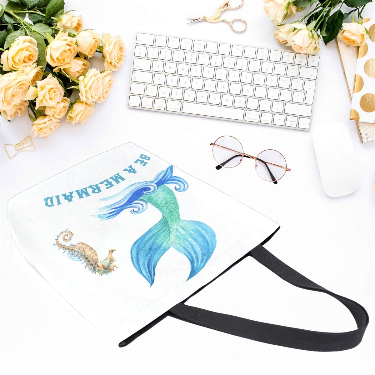 Naanle Be A Mermaid Canvas Tote Bag Large Women Casual Shoulder Bag Handbag, Mermaid Seahorse Reusable Multipurpose Heavy Duty S